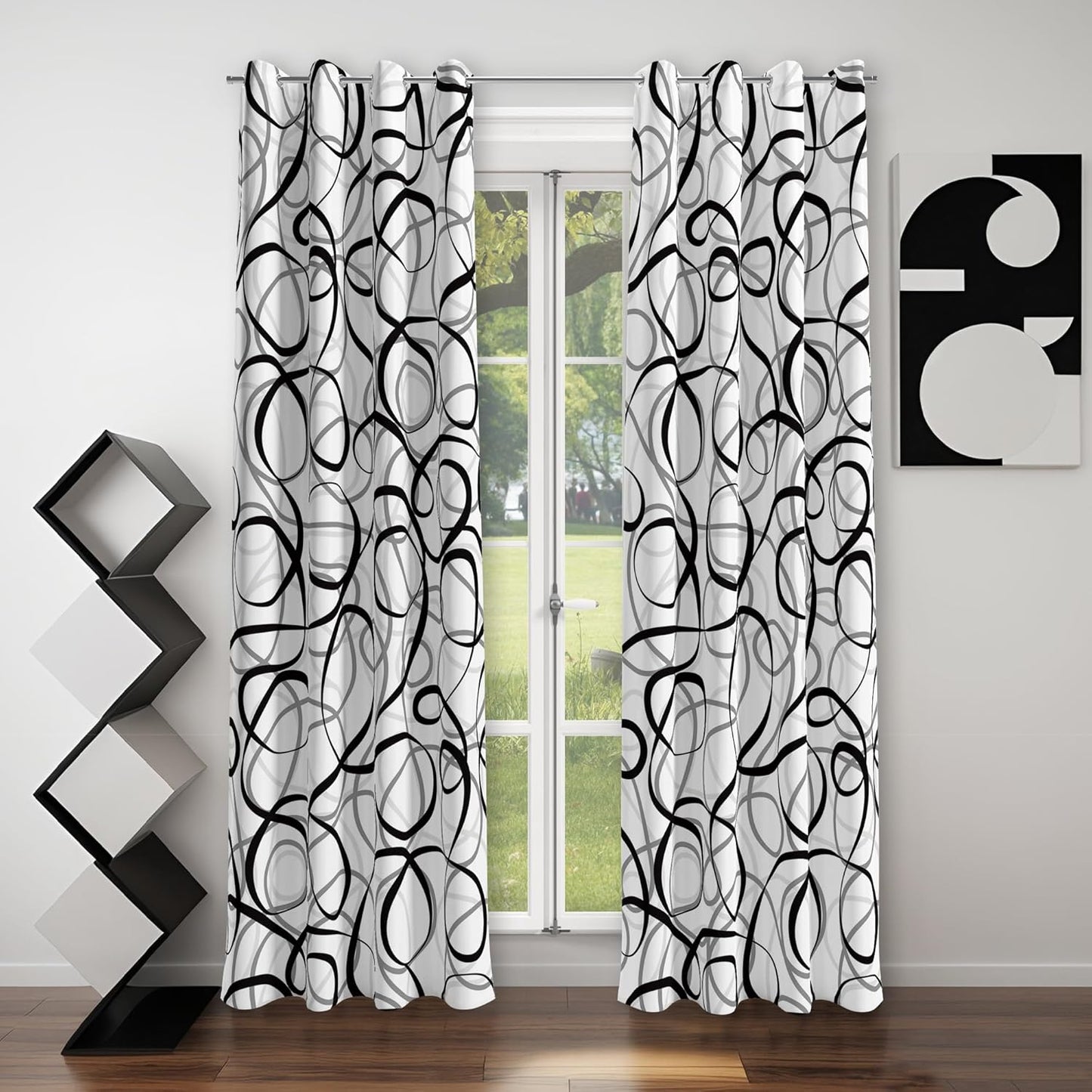 Black Grey White Geometric Curtains 2 Panels Sets Abstract Line Modern Art Pattern Window Treatments Room Darkening Heat Blocking Elegant Curtain Decor for Living Room Bedroom 52X84 Inches