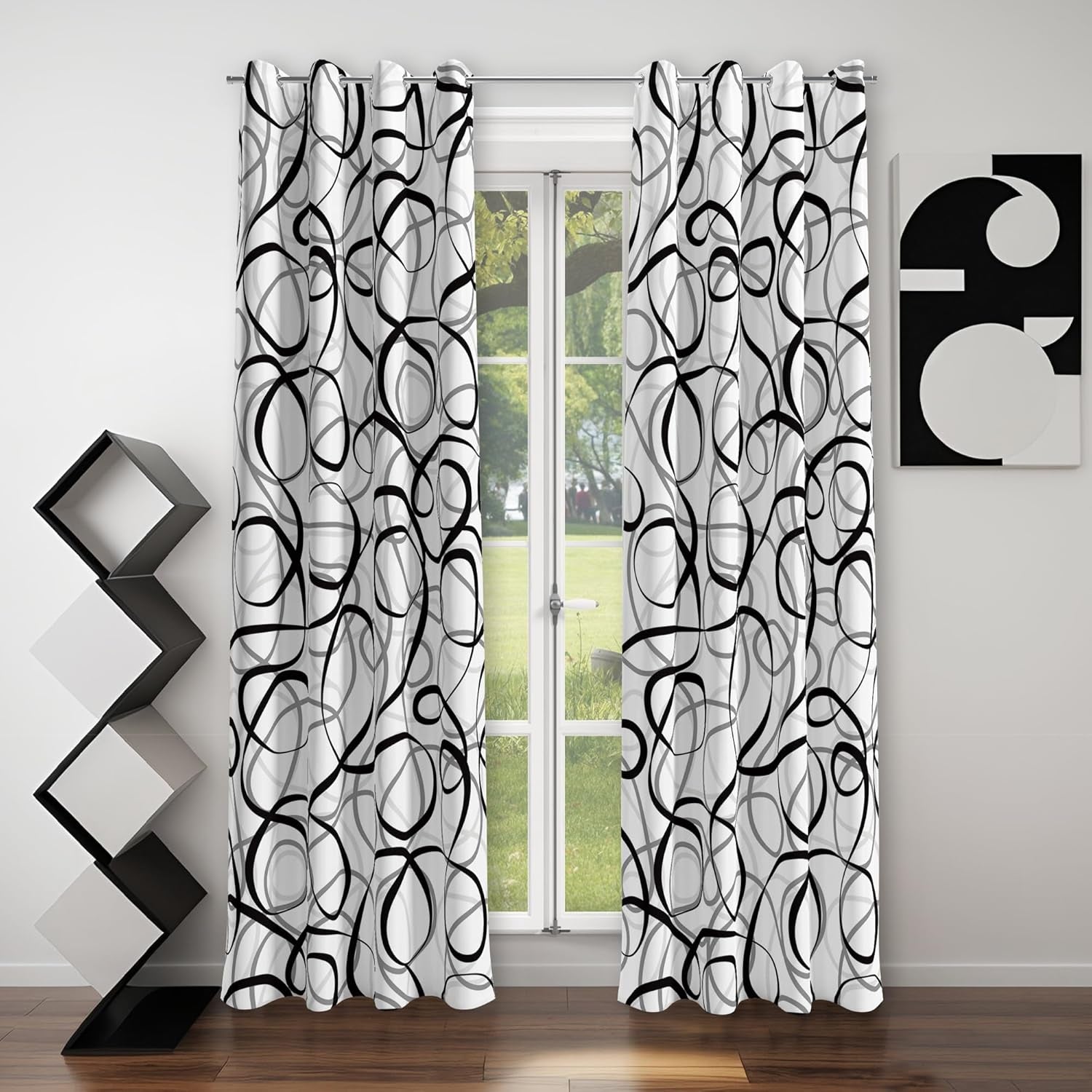 Black Grey White Geometric Curtains 2 Panels Sets Abstract Line Modern Art Pattern Window Treatments Room Darkening Heat Blocking Elegant Curtain Decor for Living Room Bedroom 52X84 Inches
