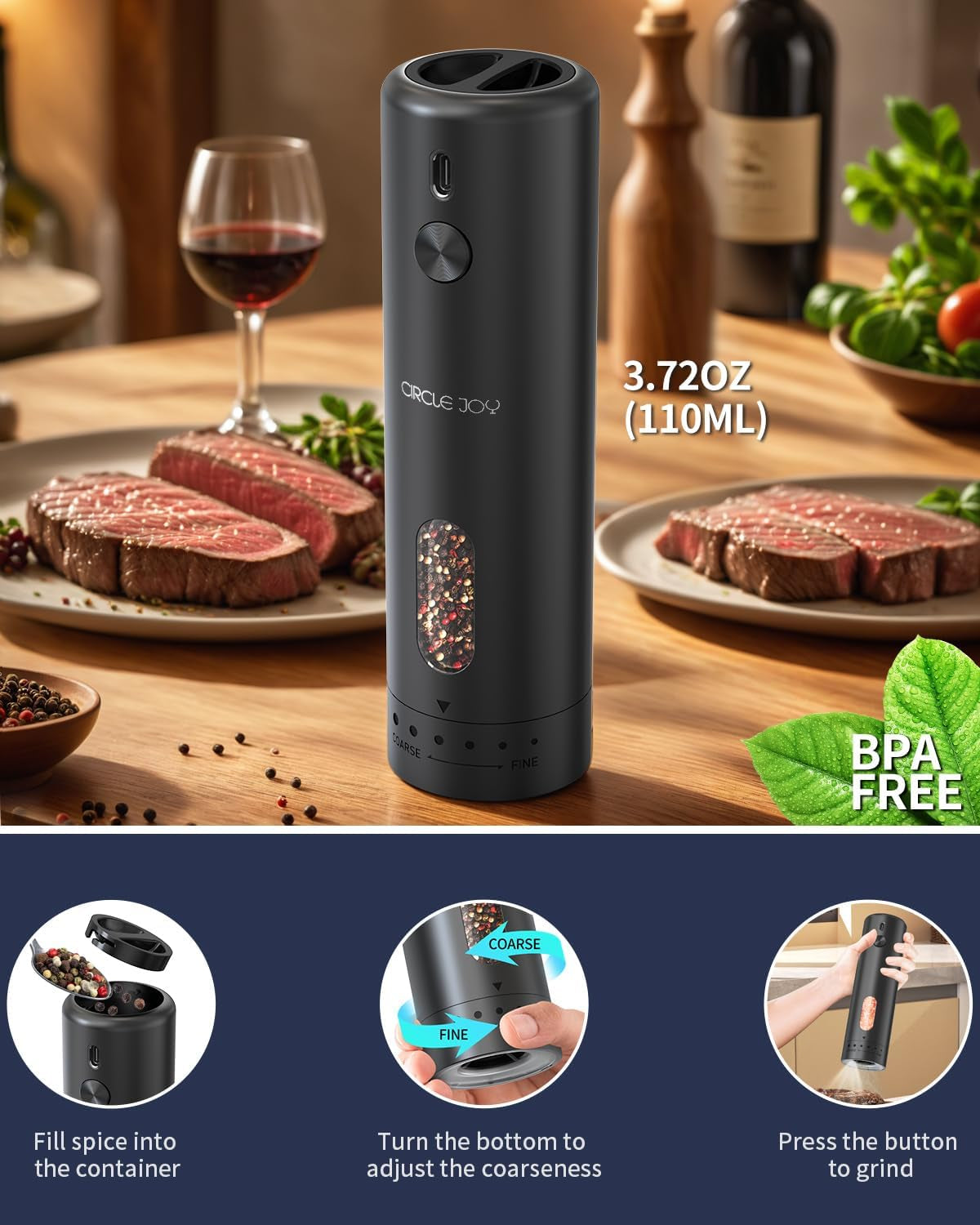 Electric Pepper Grinder Rechargeable, Automatic Pepper Mill with 110Ml Container, External Adjustable Coarseness, White Led Light and One-Handed Operation, Black