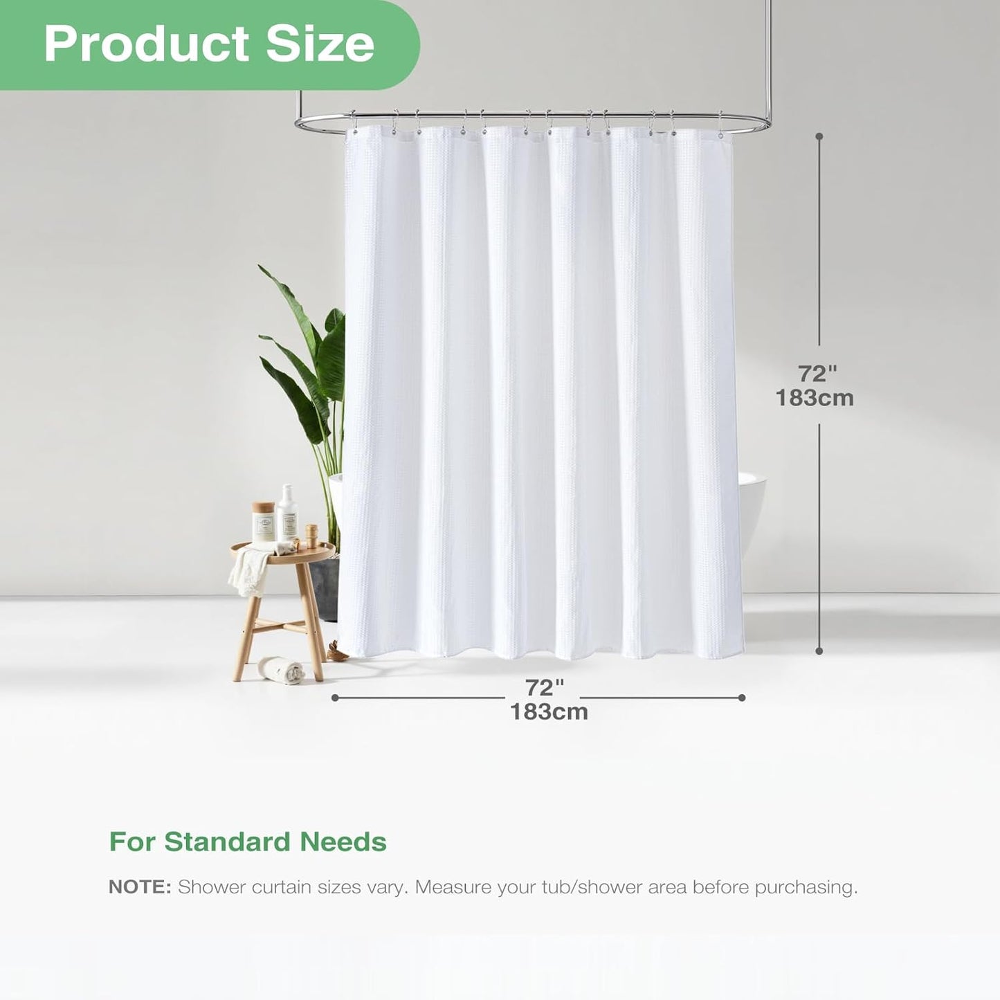 White Fabric Shower Curtain, Waffle Weave Heavy Duty Hotel Luxury Cloth Shower Curtains for Bathroom, 72 Inch 256GSM Weighted Bath Curtain Set with 12 Plastic Hooks,72X72