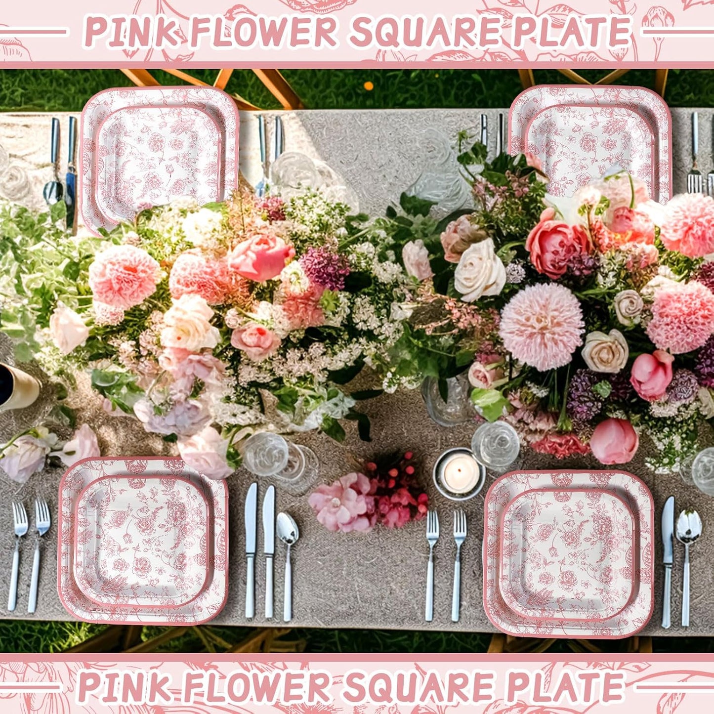 100-Piece Floral Disposable Paper Plate Set - 9-Inch Dinner Plates and 7-Inch Square Dessert Plates for Birthday, Wedding, and Baby Shower Celebrations (Pink, Floral Design)