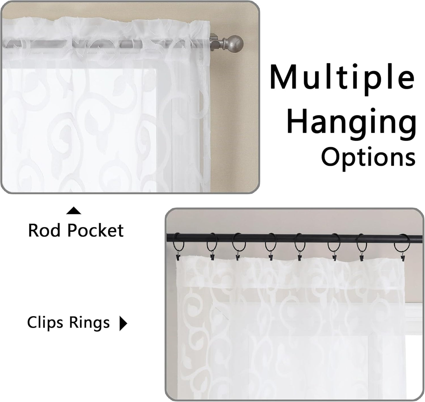 Furman Sheer White Curtains 45 Inch Length 2 Panels Set for Living Room Bedroom Bathroom Window, Airy Jacquard Clip Short Curtains for Small Window, 40Wx45L Inch