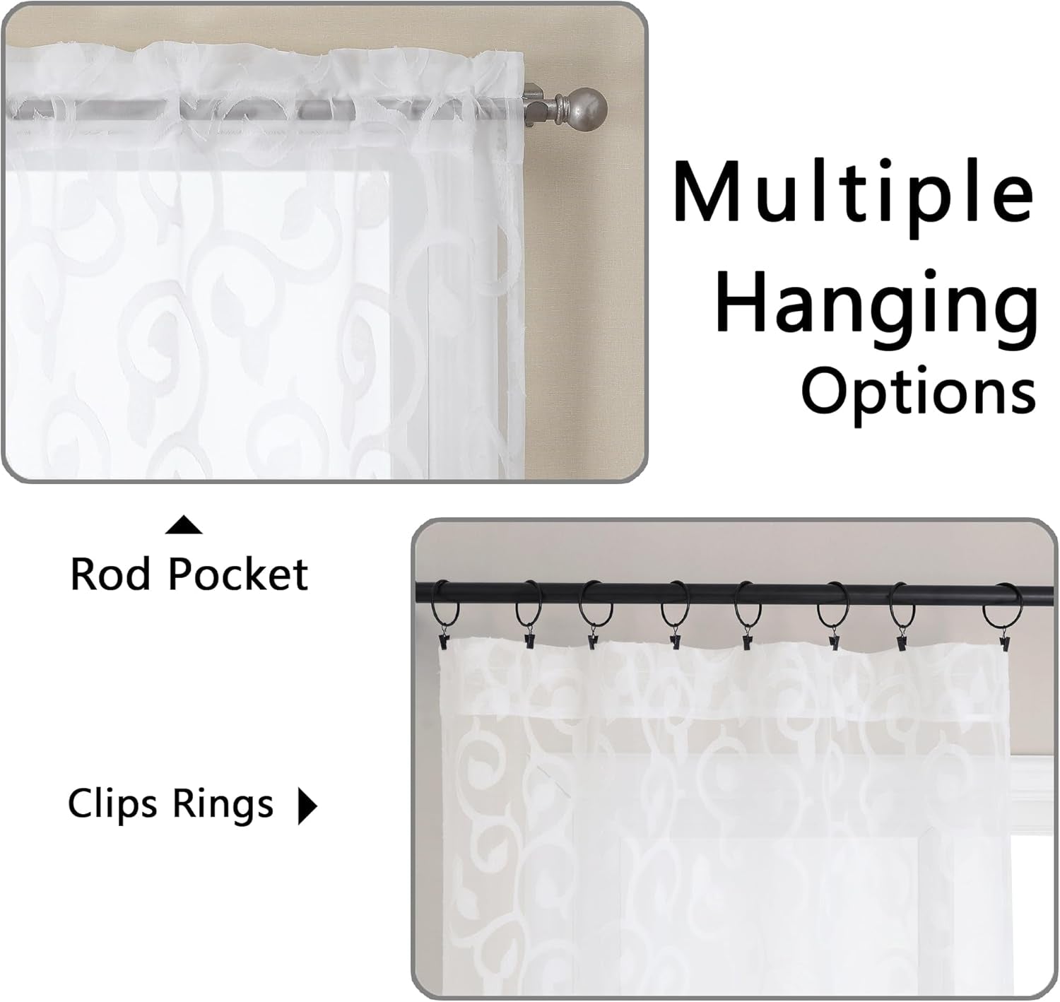 Furman Sheer White Curtains 45 Inch Length 2 Panels Set for Living Room Bedroom Bathroom Window, Airy Jacquard Clip Short Curtains for Small Window, 40Wx45L Inch
