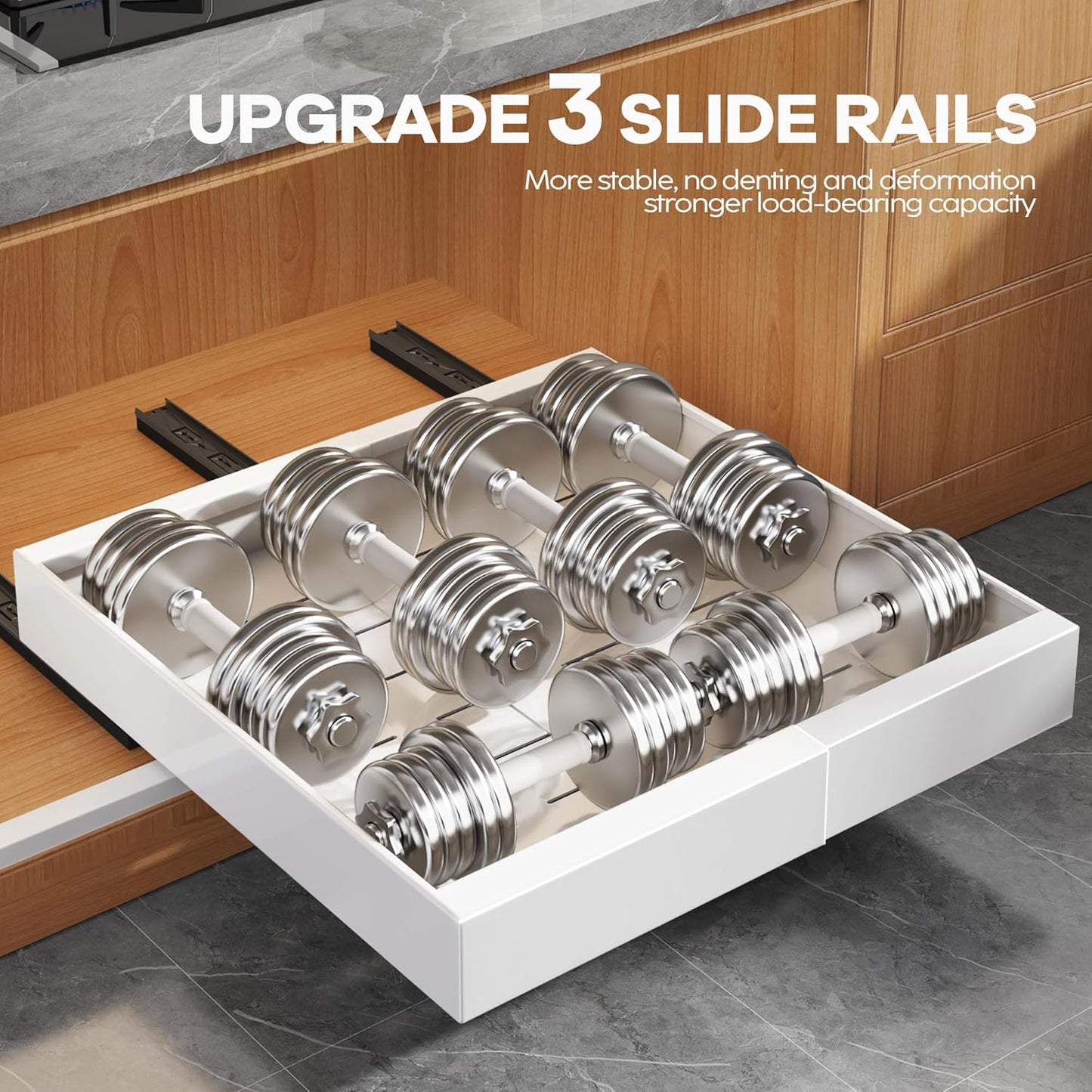 Expandable Pull-Out Cabinet Organizer Set - 21" Deep with Adjustable Width (12.05"-20.4") for Framed Cabinets, Featuring 3 Slide Rails and Adhesive Roll-Out Shelves - White Finish