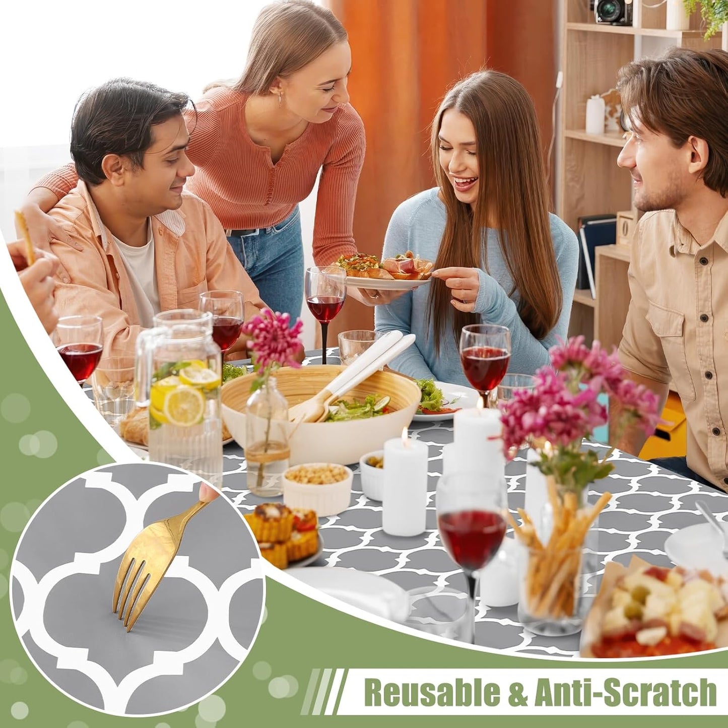 Waterproof Elastic Fitted Rectangle Picnic Table Cover for 6-Foot Tables, Wipeable Flannel-Backed Vinyl Protector for Indoor and Outdoor Use (Grey, 30 x 72 Inches)