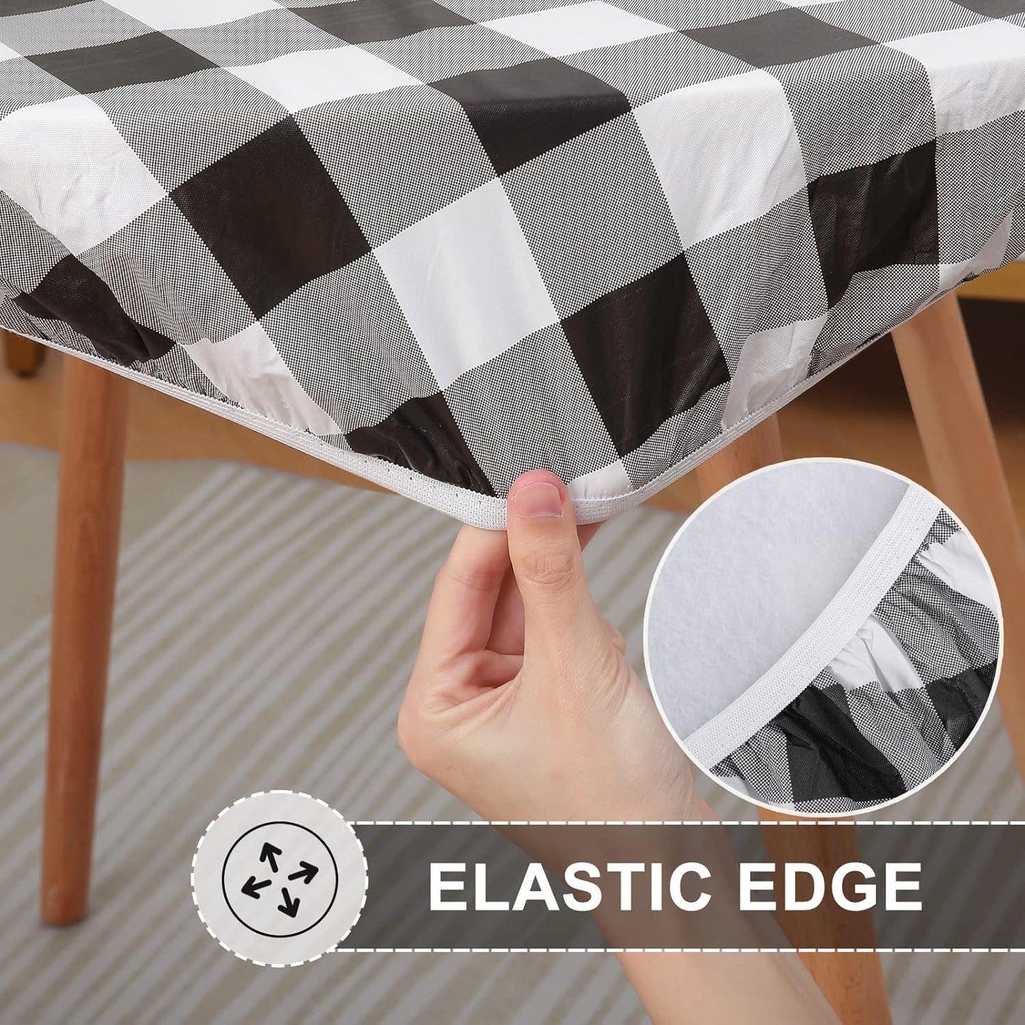 round Fitted Tablecloth with Elastic Edge, Buffalo Plaid Waterproof Vinyl Flannel Backed Table Coloth Cover Fits 36"-44" round Tables for Dinner, Outdoor, Picnic, Black White Check