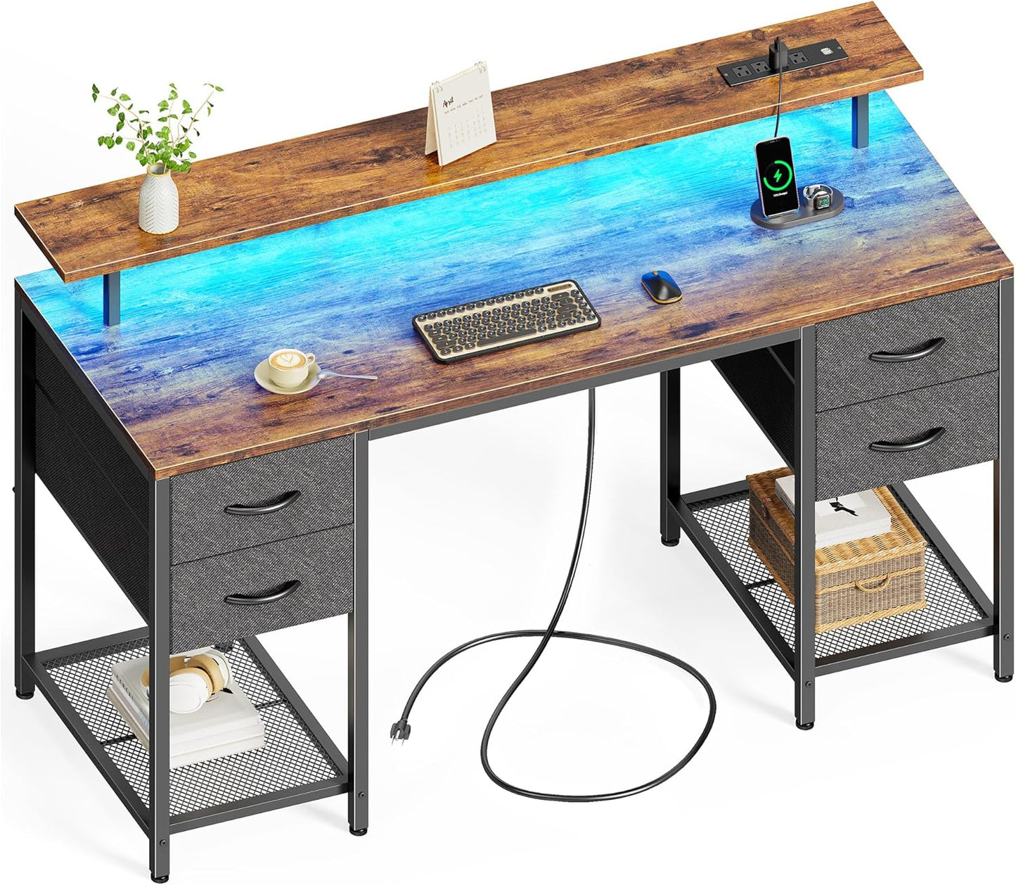 55-Inch Computer Desk with 4 Drawers, LED Lighting, and Power Outlets - Spacious Home Office and Gaming Desk in Rustic Brown Finish