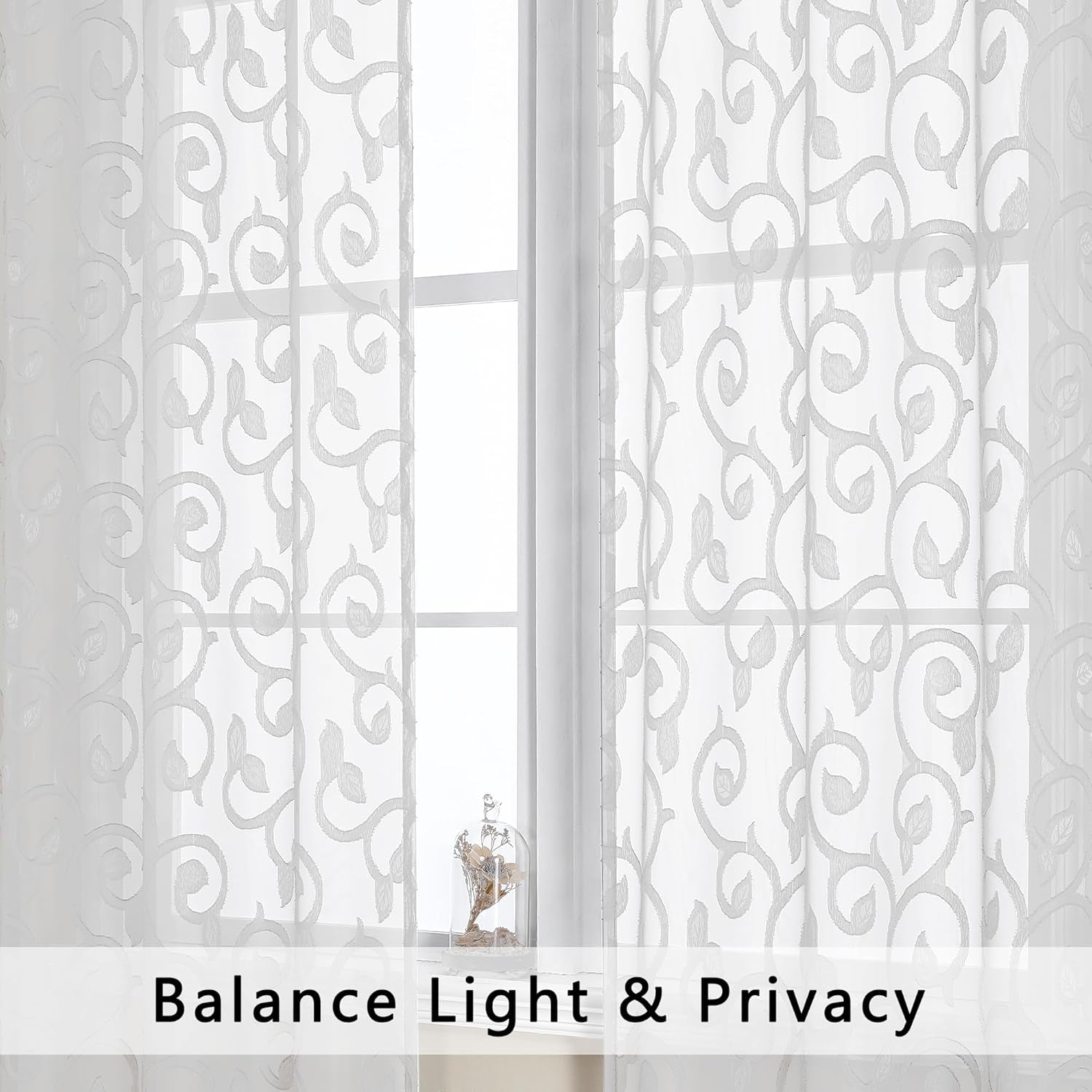 Furman Sheer White Curtains 45 Inch Length 2 Panels Set for Living Room Bedroom Bathroom Window, Airy Jacquard Clip Short Curtains for Small Window, 40Wx45L Inch