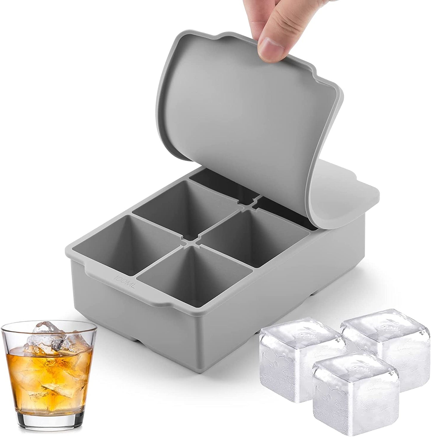 Large Ice Cube Tray with Lid, Stackable Big Silicone Square Ice Cube Mold for Whiskey Cocktails Bourbon Soups Frozen Treats, Easy Release BPA Free
