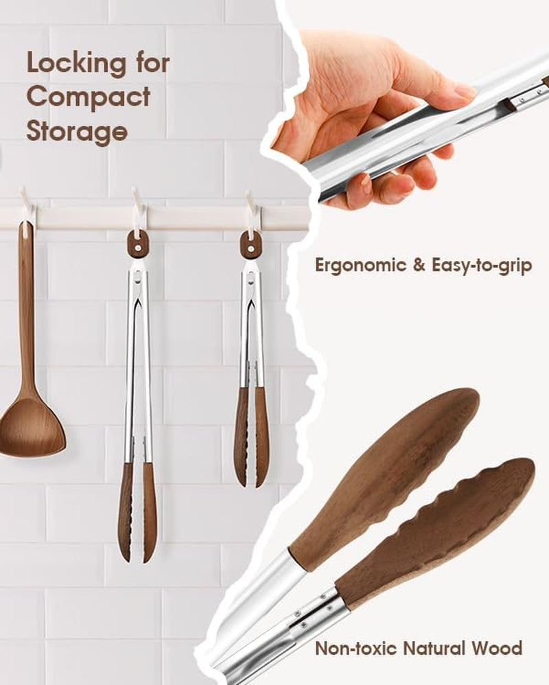 10 & 13 Inch Wooden Tongs for Cooking, Kitchen Stainless Steel Salad Tongs with Walnut Wood Tip, Serving Food Toaster Bread Non Toxic Grill Tong, Smooth Locking & Hanging Cooking Utensils Set
