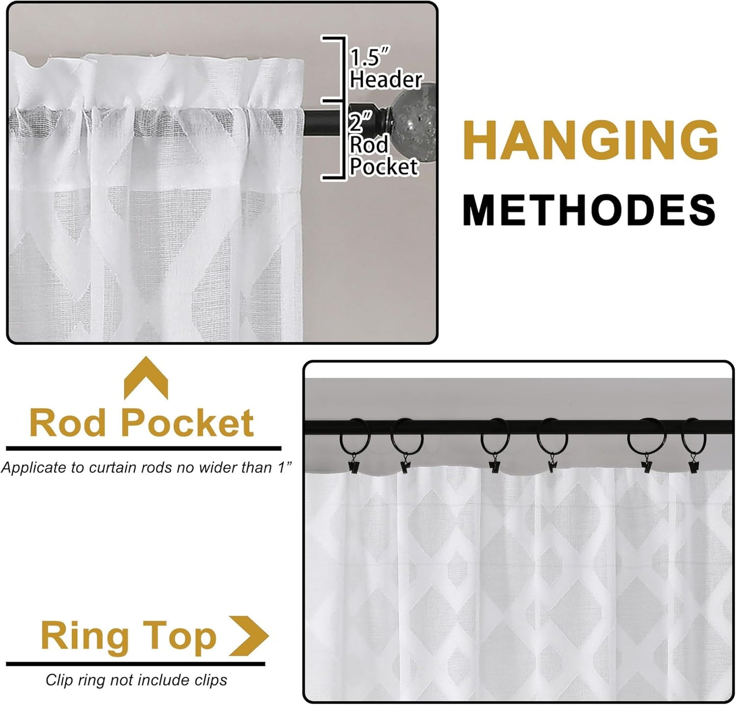 Sheer White Curtains 84 Inches Long 2 Panels Set for Bedroom, Light Filtering Geometric Jacquard Clip Textured Window Curtain, Modern Farmhouse Curtains for Living Room, Total Wide 84" Inch