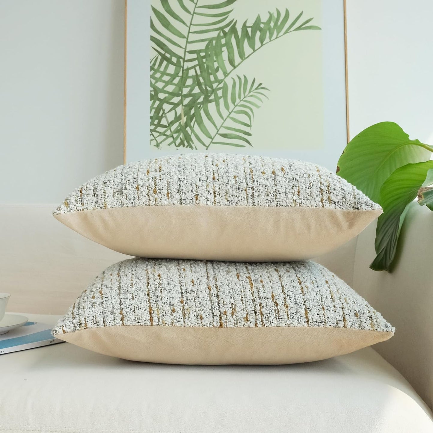 Pack of 2 Textured Bouclel Decorative Throw Pillow Covers Farmhouse Boho Home Decor Striped Corduroy Square Chenille Pillowcases 18 X 18 Inch Beige
