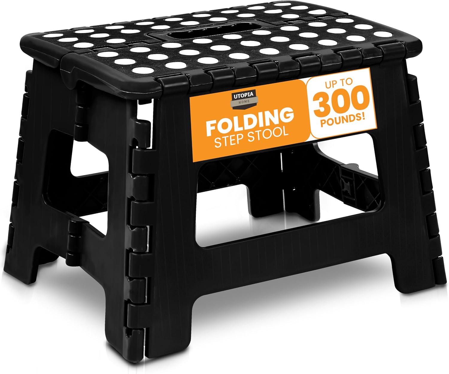 Folding Step Stool - (Pack of 1) Foot Stool with 9 Inch Height - Holds up to 300 Lbs - Lightweight Plastic Foldable Step Stool for Kitchen, Bathroom & Living Room (Black)