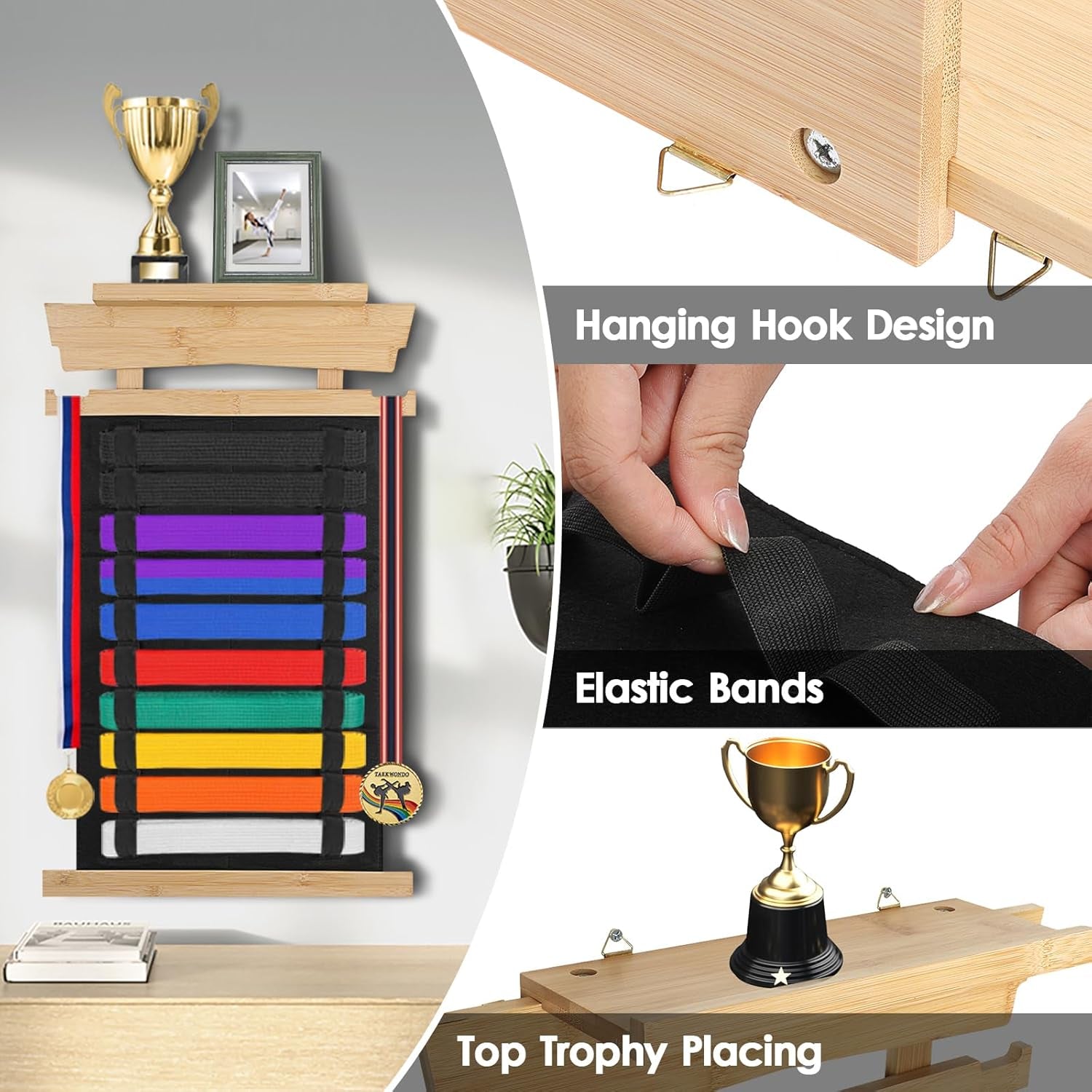 Karate Belt Display Rack with Personalized Stickers - Bamboo Trophy Holder for Taekwondo, BJJ, and Martial Arts Belts