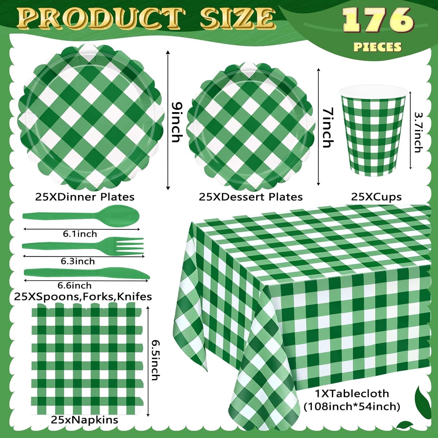 176 PCS Green Gingham Plates and Napkins, Green and White Checkered Disposable Plates Set with Napkins Cups Plastic Spoons Forks Knives for Dinner Birthday Picnic Golf Graduation Party Decorations