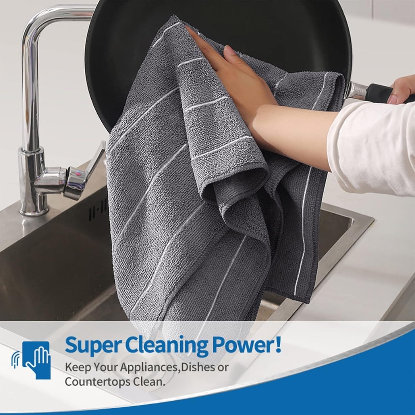 Microfiber Kitchen Towels - Super Absorbent, Soft and Thick Dish Towels, 8 Pack (Stripe Designed Grey Colors), 26 X 18 Inch