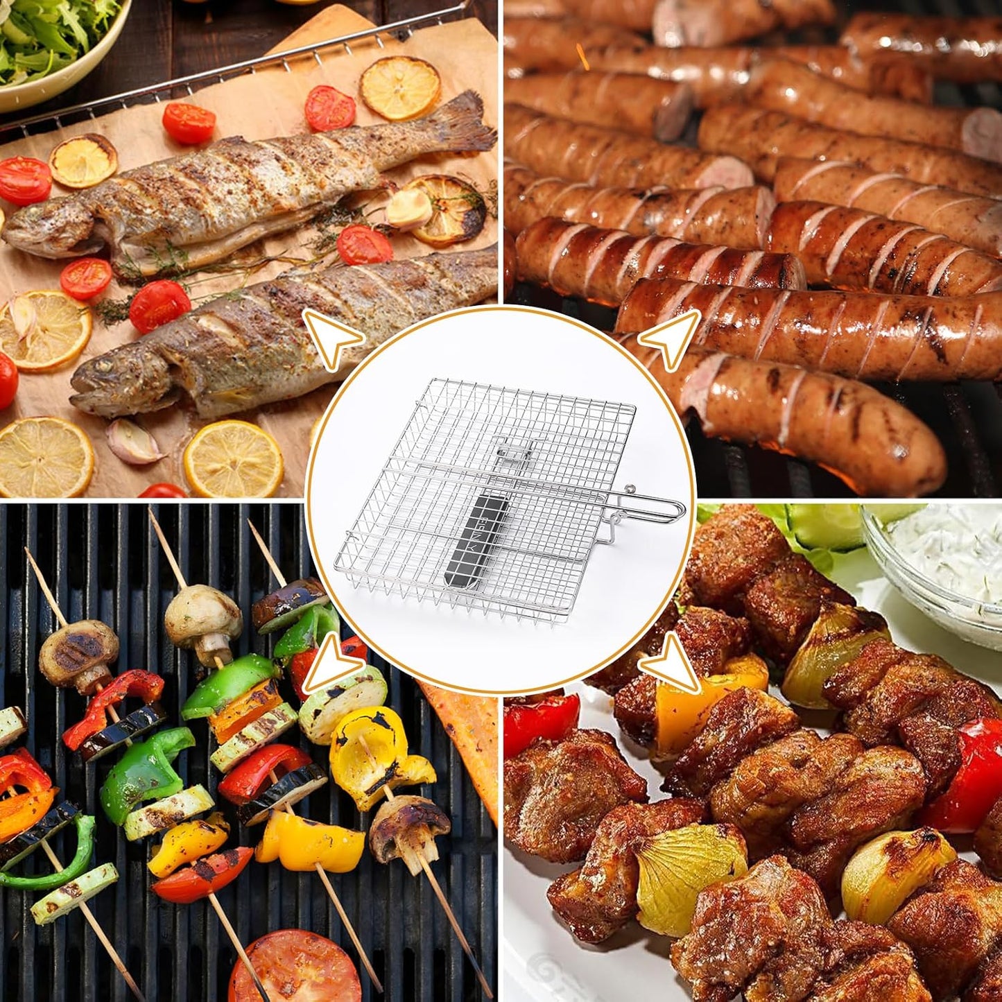 Portable Grill Basket, BBQ Grilling Basket for Outdoor Grill with Removable Handle, Stainless Steel Camping Cooking Grill Accessories for Chicken Fish Vegetable