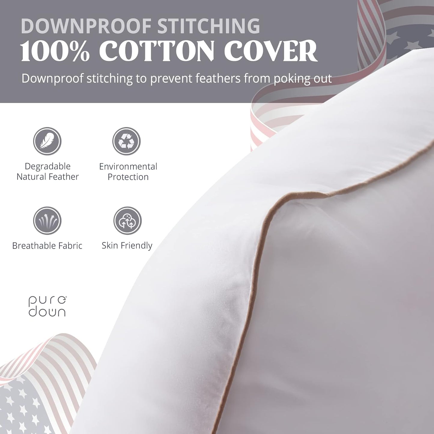 ® Made in USA Soft Fluffy Medium Firm Hotel Pillow, 100% Cotton Cover, Luxury Bed Pillows Standard Size Set of 2 for Back, Stomach or Side Sleeper.