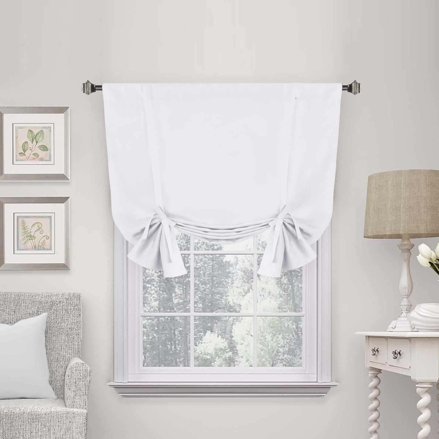 White Blackout Tie up Curtains Thermal Insulated Balloon Roman Shade Bathroom Window Adjustable Rod Pocket for Small Window 42 Inch by 45 Inch,Pure White