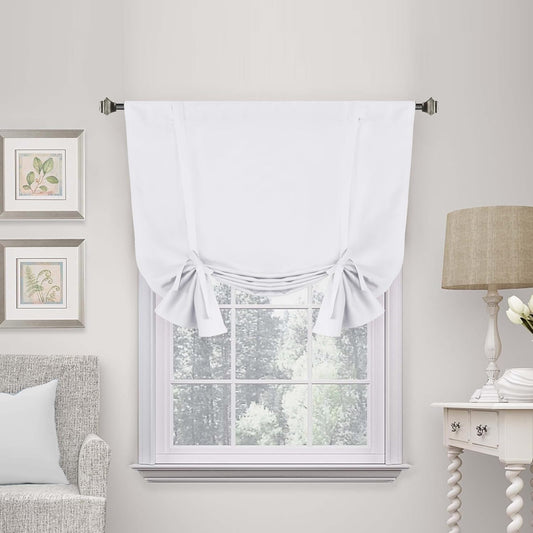 White Blackout Tie up Curtains Thermal Insulated Balloon Roman Shade Bathroom Window Adjustable Rod Pocket for Small Window 42 Inch by 45 Inch,Pure White