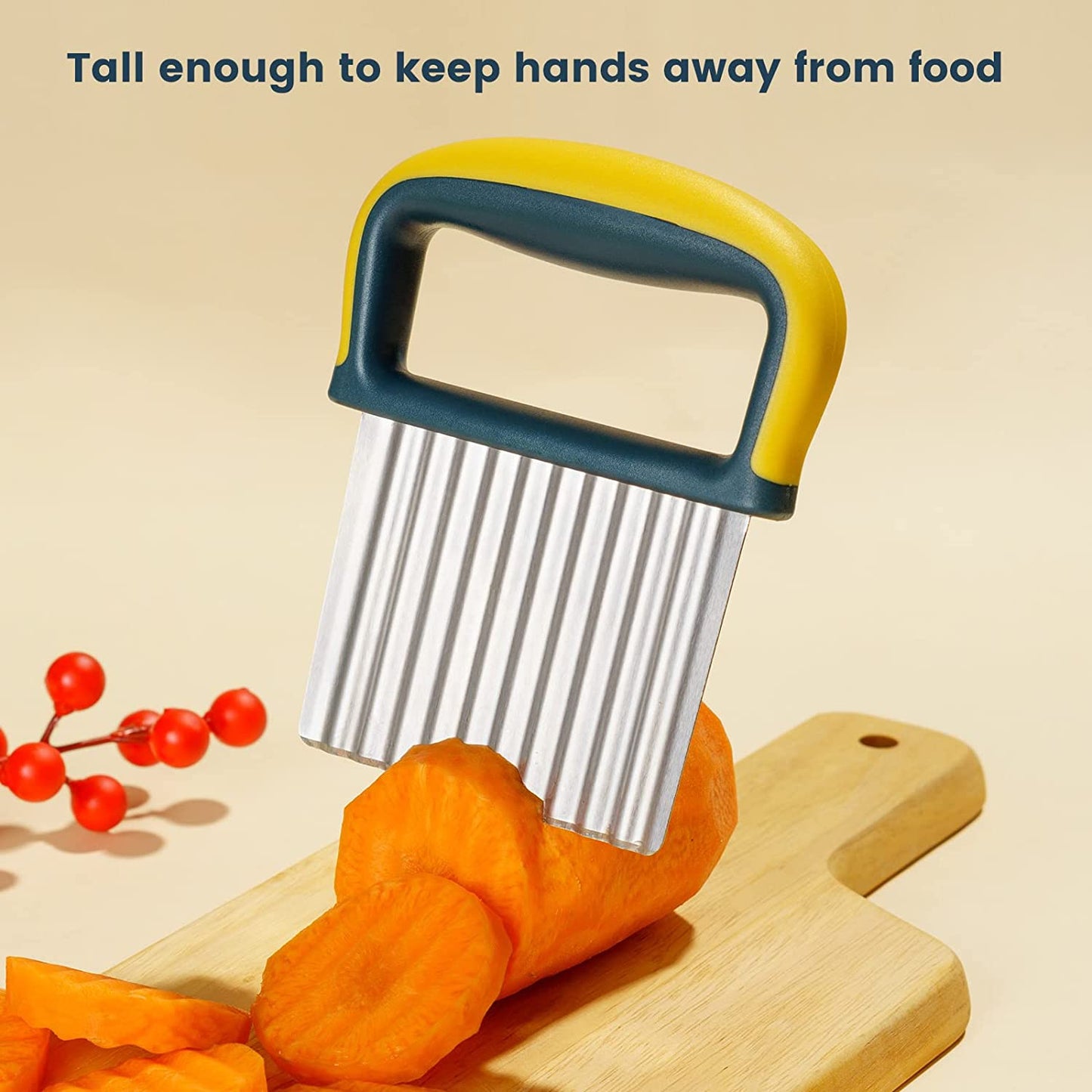 Crinkle Cutter Knife, Potatoes Crinkle Fry Cut and Vegetable Cutter for Veggies, Stainless Steel Carrot Slicer(Yellow)