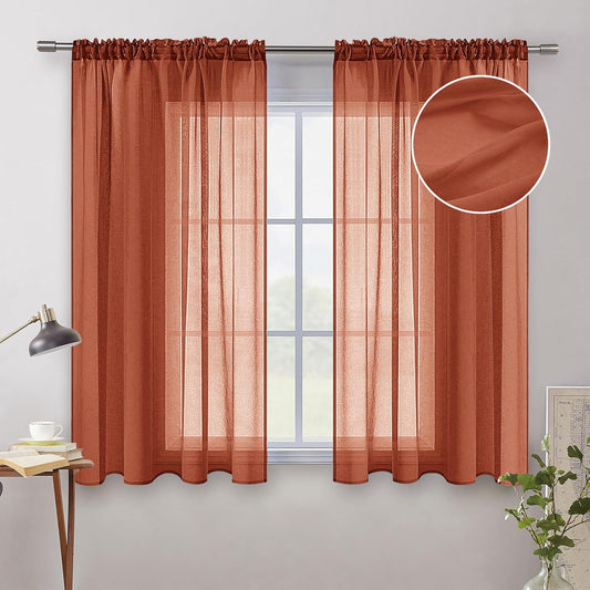 Terracotta Linen Textured Sheer Curtains 2 Panels for Kitchen/Bedroom/Living Room Semi Transparent Voile Drapes Rust Boho Farmhouse Fall Decor Window Panels Rod Pocket, W 54 X L 54 Inches Long