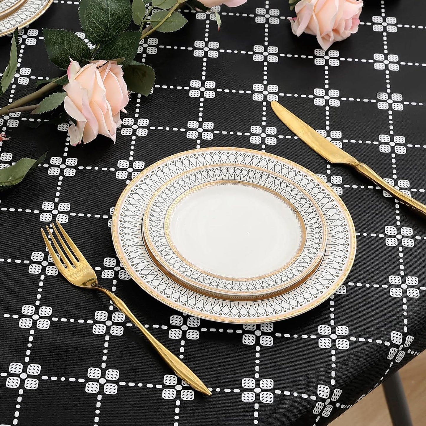 Rectangle Vinyl Table Cloth, Elastic Fitted Tablecloth with Flannel Backing, 6 Foot Waterproof Plastic Table Cover for Camping, Indoor and Outdoor (Black, 30" X 72")