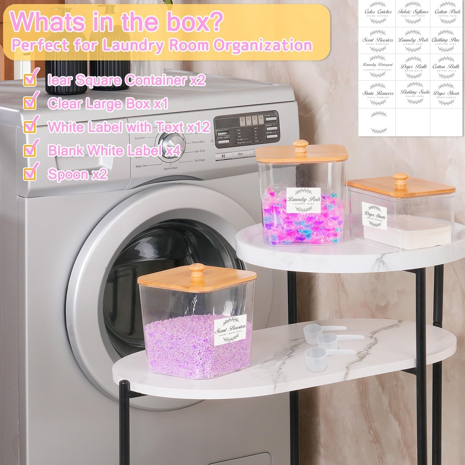 2 Pack Laundry Pods Container & Dryer Sheet Holder Set,Clear Laundry Room Organization Containers with Bamboo Lids and Labels,Laundry Pods Holder for Scent Booster,Powder,Pod