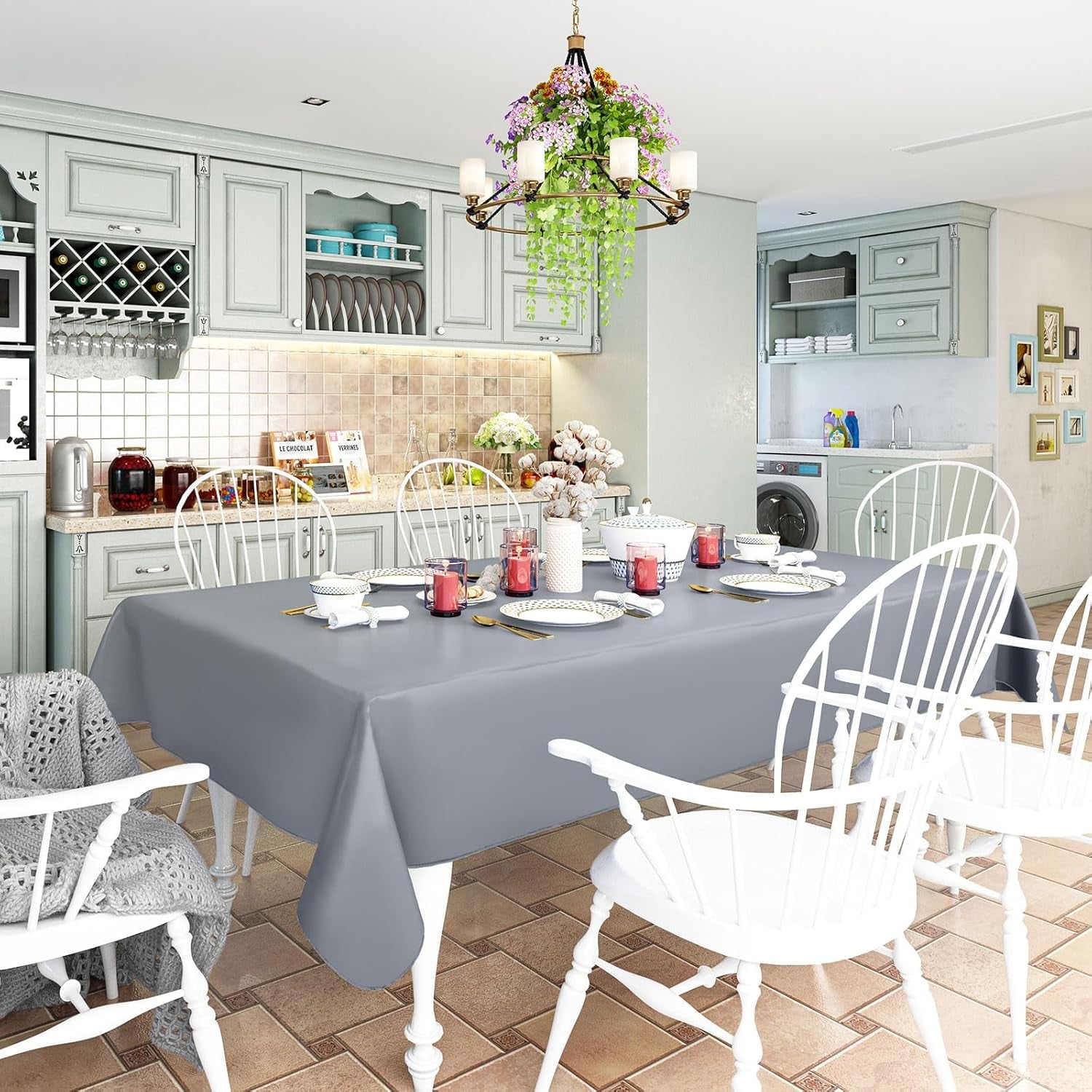 Rectangle Vinyl Tablecloth, Waterproof Spillproof Plastic Flannel Backed Table Cloth, Wipe Clean Table Cover for Dining, Buffet Parties and Camping (Grey, 54" X 78")