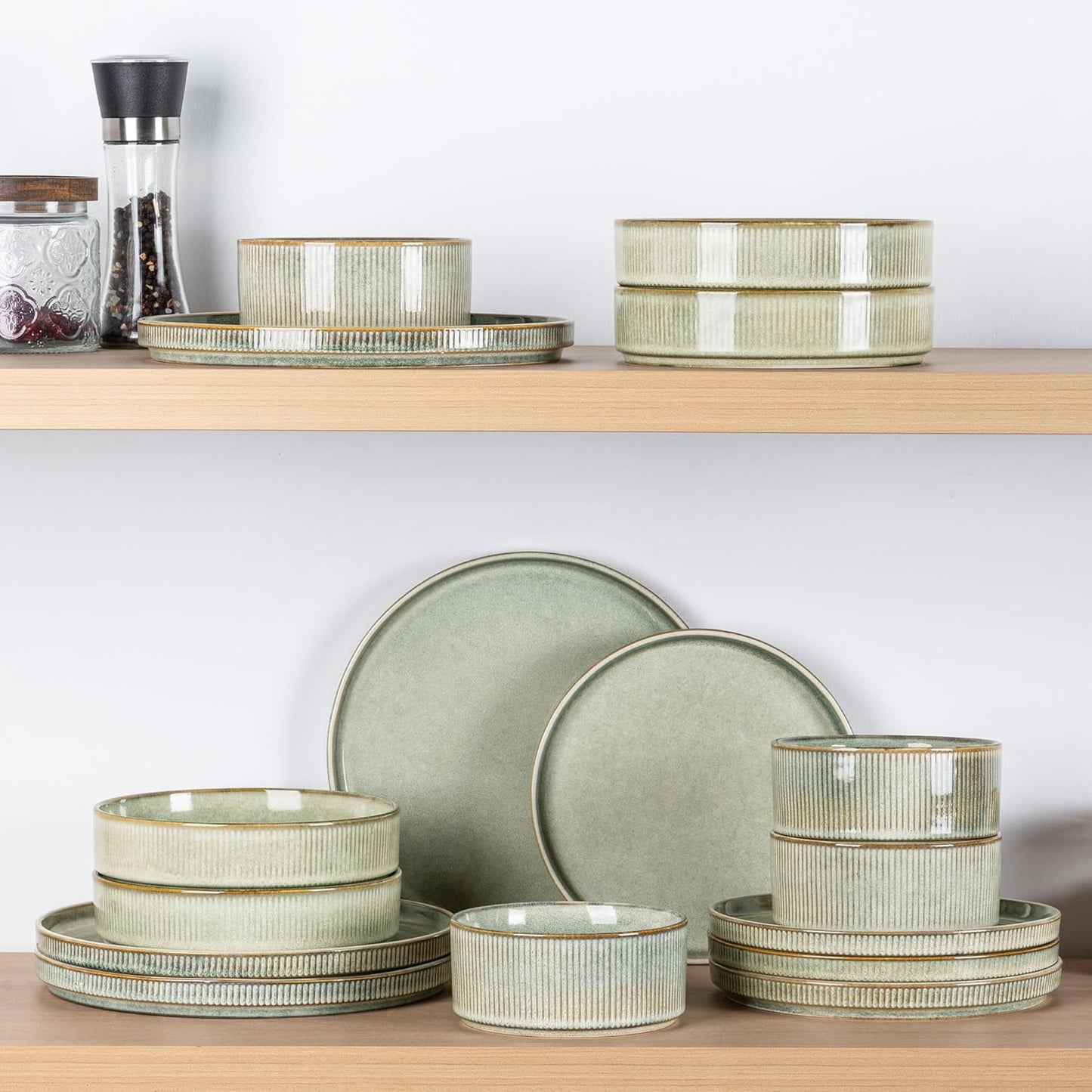Stoneware Dinnerware Set for Four - Round Reactive Glaze Ceramic Plates and Bowls, 12-Piece Set, Highly Scratch Resistant, Dishwasher and Microwave Safe