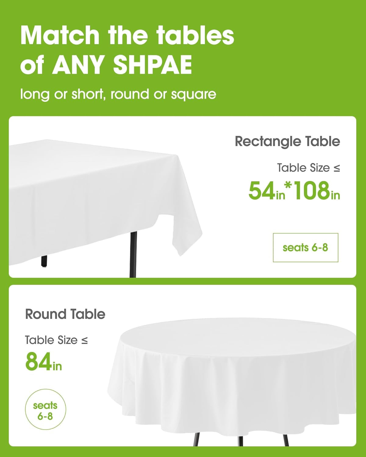 Plastic Table Cloth Disposable 10 Pack, 54 X 108 Inch Table Cloths, Party, Picnic, Wedding, Decorative Tablecloths, Rectangle, White Plastic Cover, Leakproof & Sturdy, White