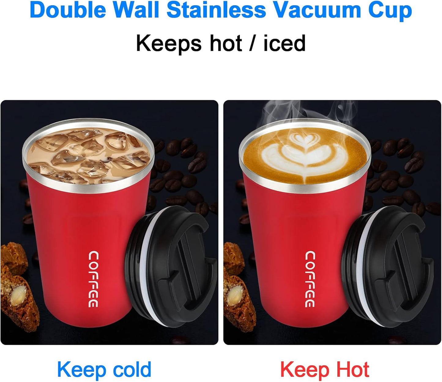 12 Oz Stainless Steel Vacuum Insulated Tumbler - Coffee Travel Mug Spill Proof with Lid - Coffee Cup for Keep Hot/Ice Coffee,Tea and Beer (Red)