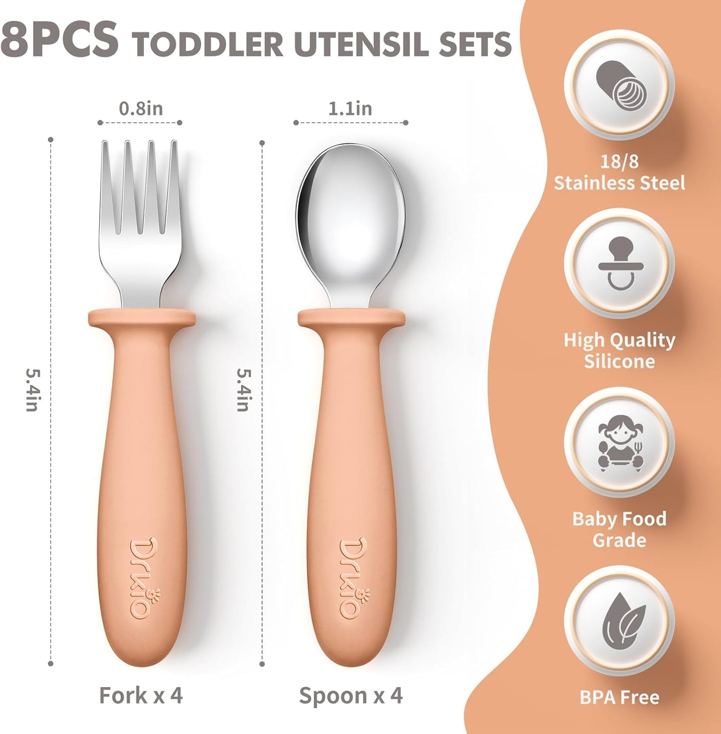 Toddler Utensils Set - 8-Piece Kids Silverware Set with Silicone Handles, Safe 18/8 Stainless Steel Forks and Spoons, Anti-Choke Design, Food Grade, Dishwasher Safe