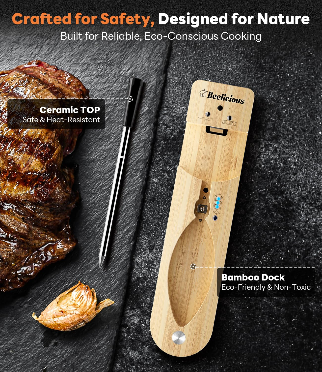 Wireless Meat Thermometer – Stable Bluetooth Smart Probe with ±1.8℉ Accuracy, 0.5S Fast Response & Long-Lasting Battery, IP67 Waterproof, App Controlled for Grill, Oven, Air Fryer