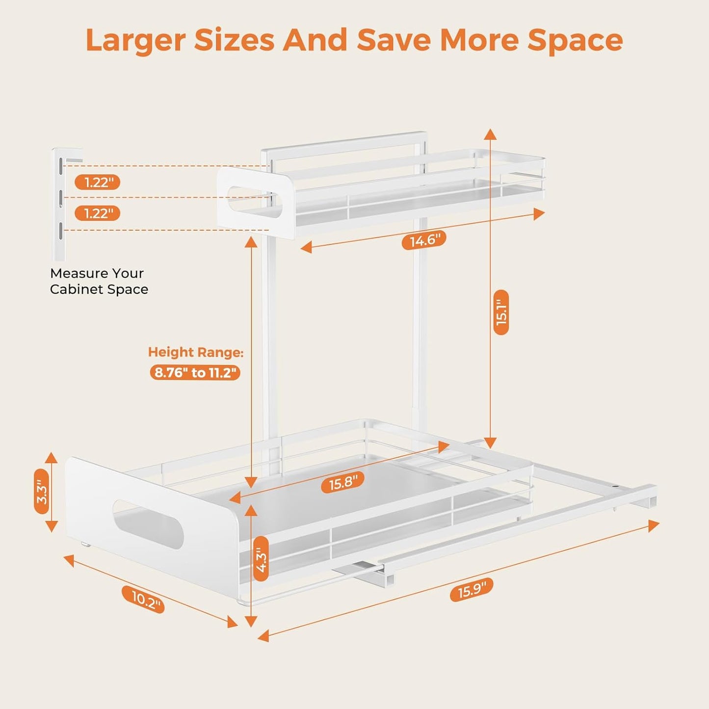 2 Pack Metal under Sink Organizers and Storage, 2 Tier Pull Out under Cabinet Organizer for Kitchen Bathroom, Adjustable under Sink Shelf for under Counter Storage Organizer, White