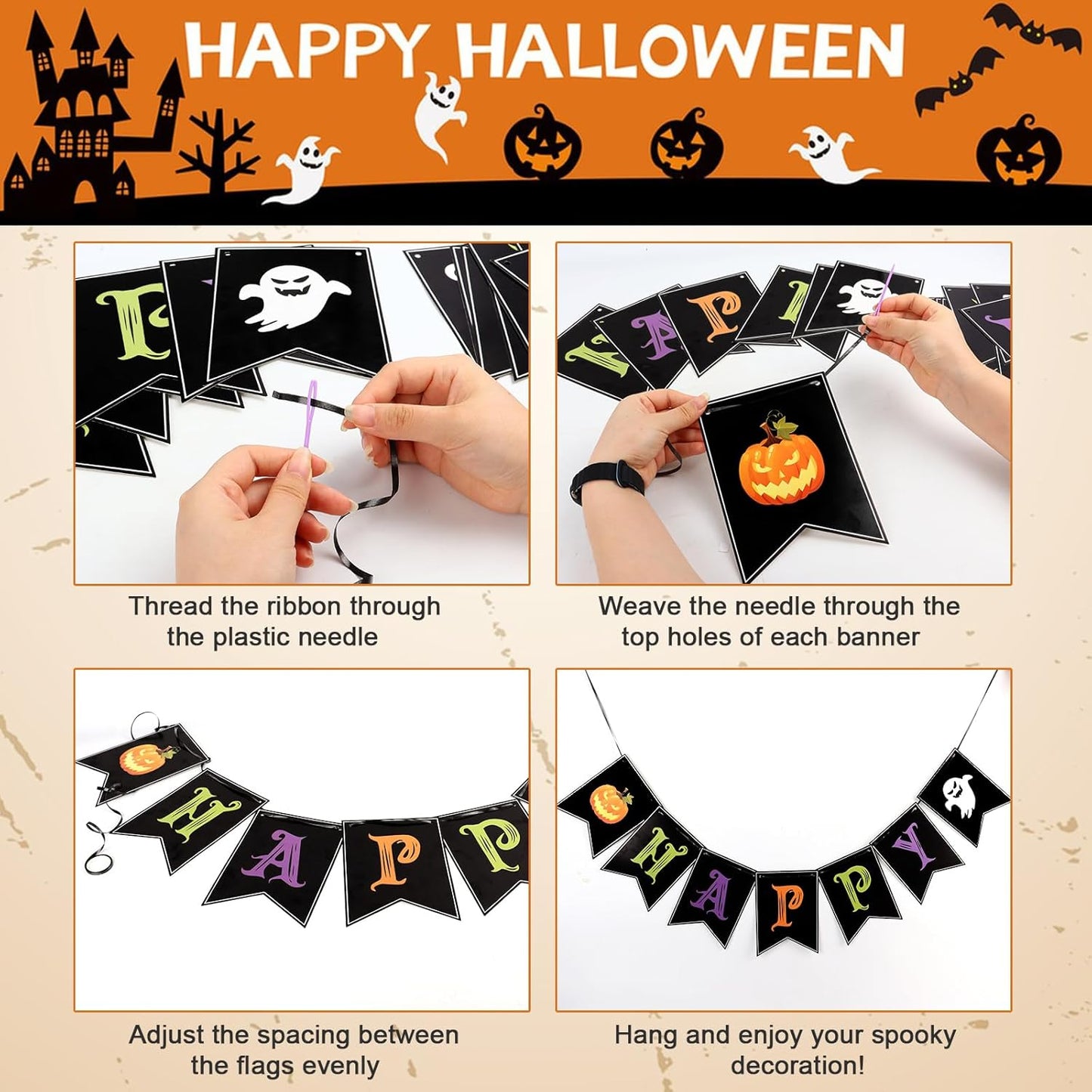 Halloween Decorations, Happy Halloween Banner, Spooky Party Garland for Indoor & Outdoor Decor, Trunk or Treat Backdrop, Spooky Hanging Supplies