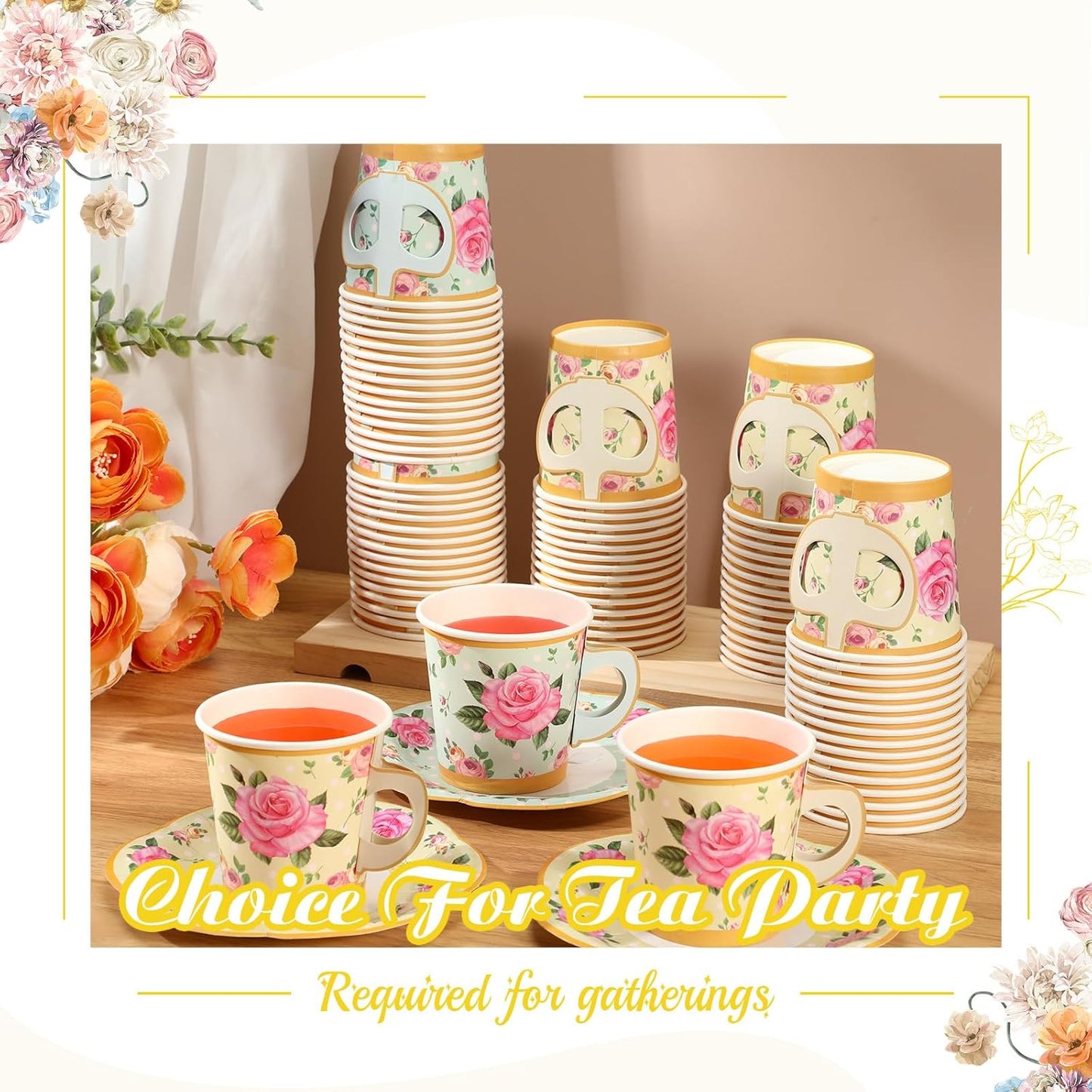 60 Sets of Floral Tea Party Decorations - Disposable Paper Tea Cups with Handles and Plates for Hot and Cold Beverages, Ideal for Birthdays (Yellow, Green, 6.5 Oz)