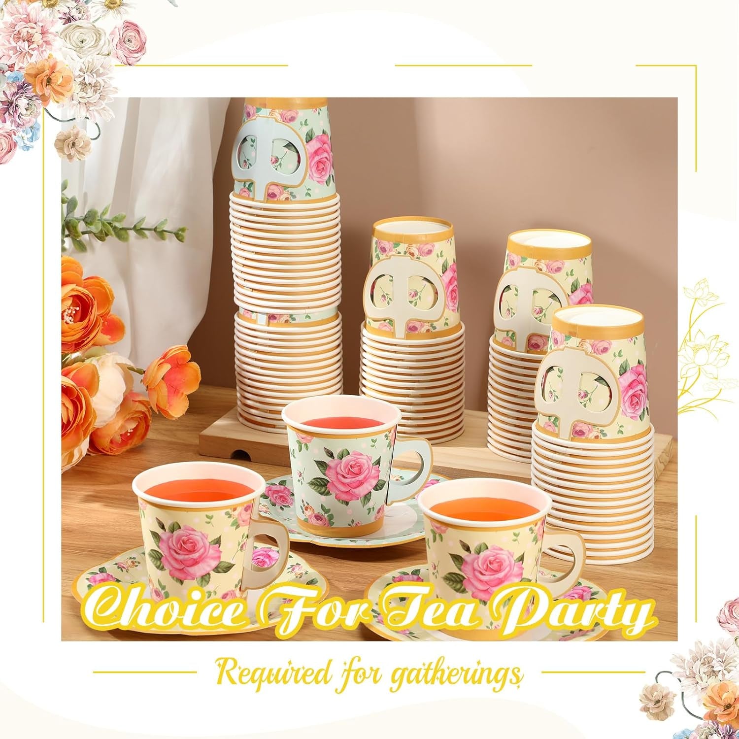 60 Sets of Floral Tea Party Decorations - Disposable Paper Tea Cups with Handles and Plates for Hot and Cold Beverages, Ideal for Birthdays (Yellow, Green, 6.5 Oz)