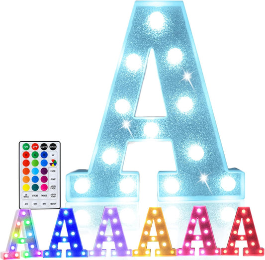 Colorful Light up Letters, Led Marquee Letter Light Sign Battery Powered, 18 Colors Lamp with Remote for Birthday Party Wedding Home Christmas Decoration, Glitter Silver Letter A
