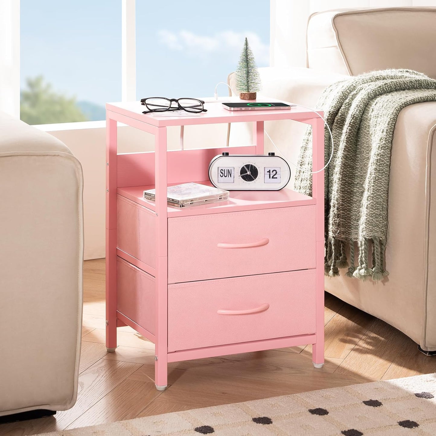 Nightstand with Charging Station, Small Night Stand with Fabric Drawers and Storage Shelf for Bedrooms, Nightstands for Small Spaces, Bedside Table with USB Ports & Outlets Bed Side Table