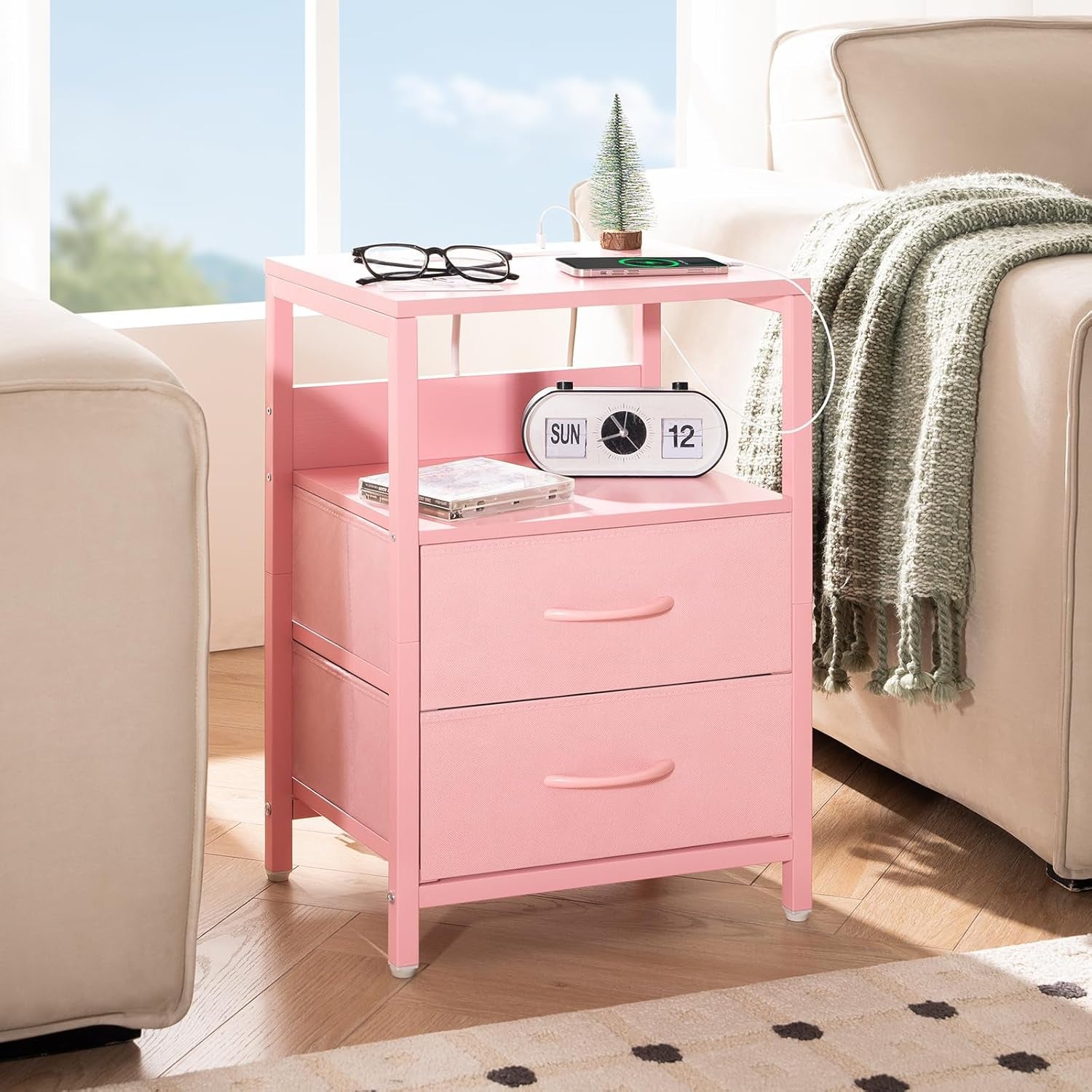 Nightstand with Charging Station, Small Night Stand with Fabric Drawers and Storage Shelf for Bedrooms, Nightstands for Small Spaces, Bedside Table with USB Ports & Outlets Bed Side Table