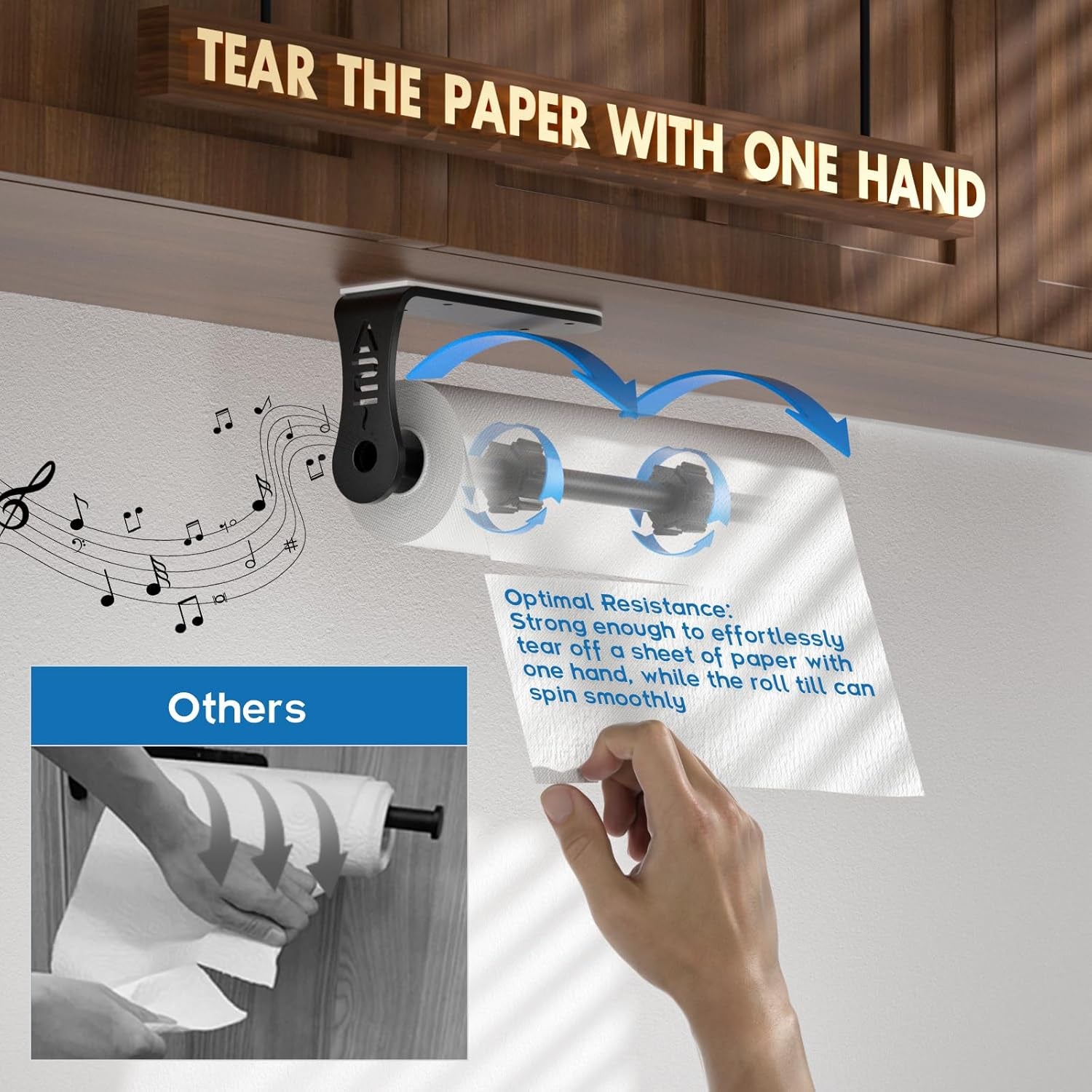 Black One-Hand Paper Towel Holder, Self-Adhesive or Screw-In, Stainless Steel, under Cabinet or Wall Mount, Space Saving, One-Hand Tear, Mute Design