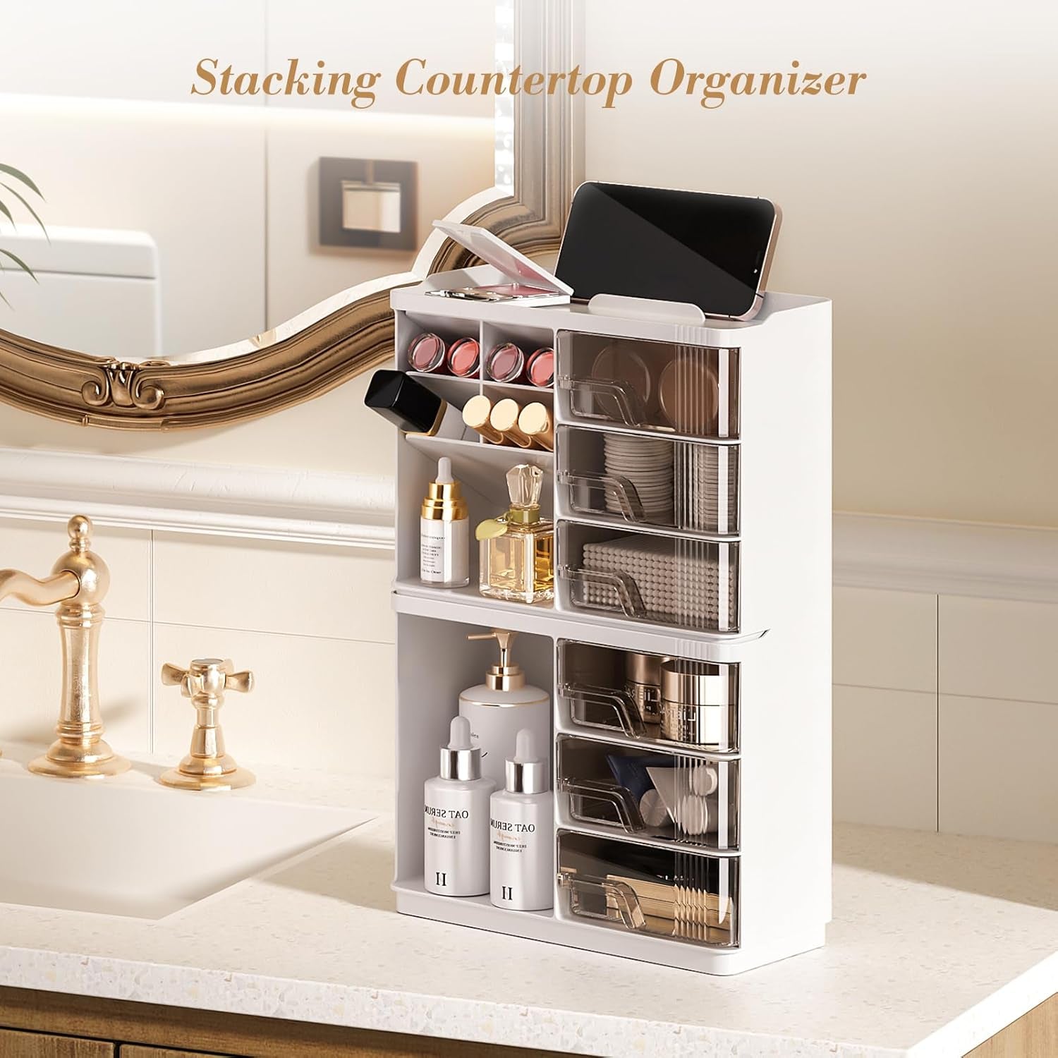 Makeup Organizer with Drawers, Multi-Function Vanity Organizer Countertop, Stackable Desk Organizer for Makeup Brush Lipstick Skincare Bathroom Vanity Organization and Storage, White