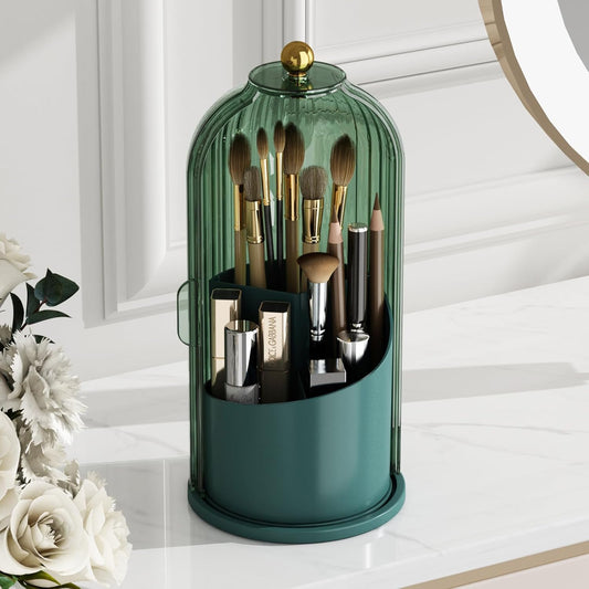 Makeup Brush Holder with Lid Cosmetic Tools Organizer 360 Rotating Waterproof Dustproof Beauty Brushes Storage for Vanity, All Green