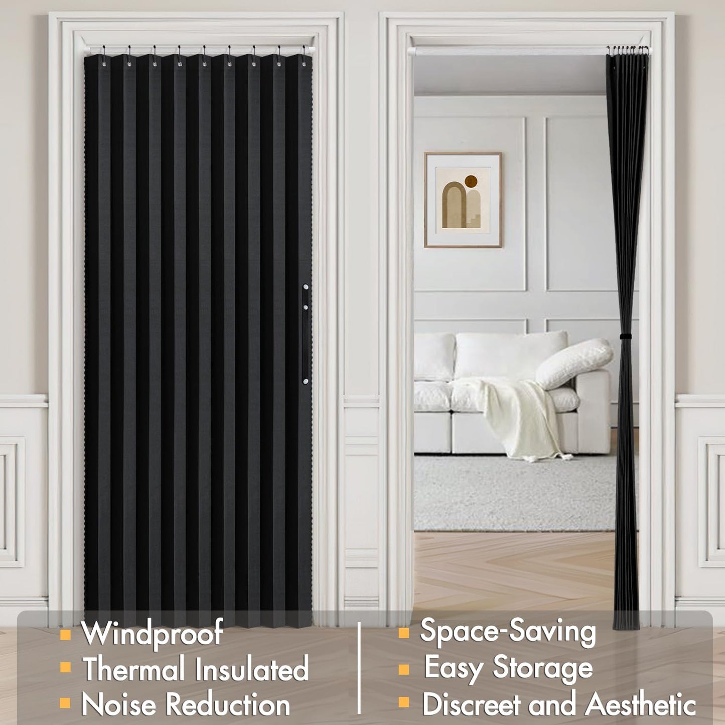 Halloween Accordion Style Magnetic Folding Door Curtains for Doorways/Closet, Room Divider Pleated Drapes with Hooks for Interior Living Room/Open Closet, Black, W42 X L78 Inches, 1 Panel