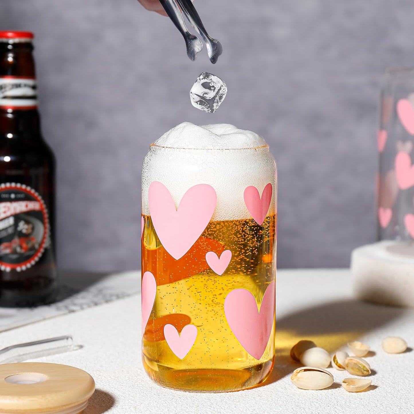 Glass Cups with Lids and Straws with Design Pink Hearts 4 Pcs,Clear Glass Cups 16 Oz-Glass Tumbler,Cute Glass Iced Coffee Cups with Lids and Straws
