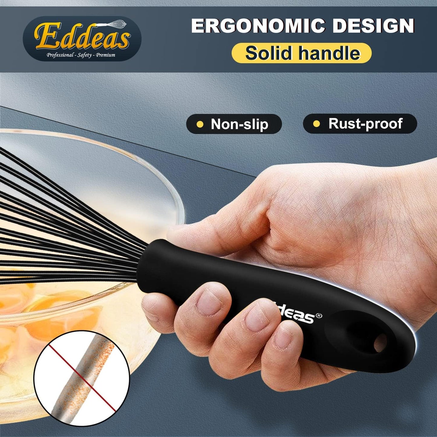 Silicone Whisk, Stainless Steel & Silicone Non-Stick Coated Whisks Set of 3-Heat Resistant Kitchen Whisks, Balloon Egg Beater Perfect for Blending, Whisking, Beating & Stirring, Black