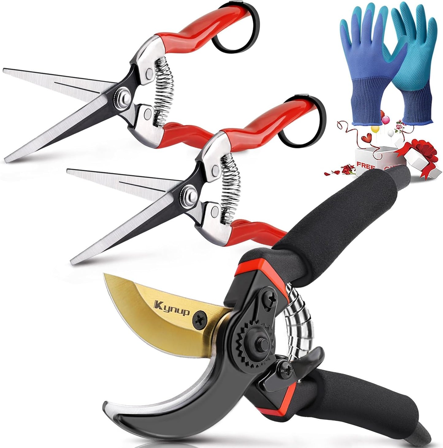 3Pack Pruning Shears, Garden Shears, Pruning Shears for Gardening, Gardening Shears Scissors Clippers, Garden Tools Set with Gloves, Stainless Steel, Soft Grip Handle