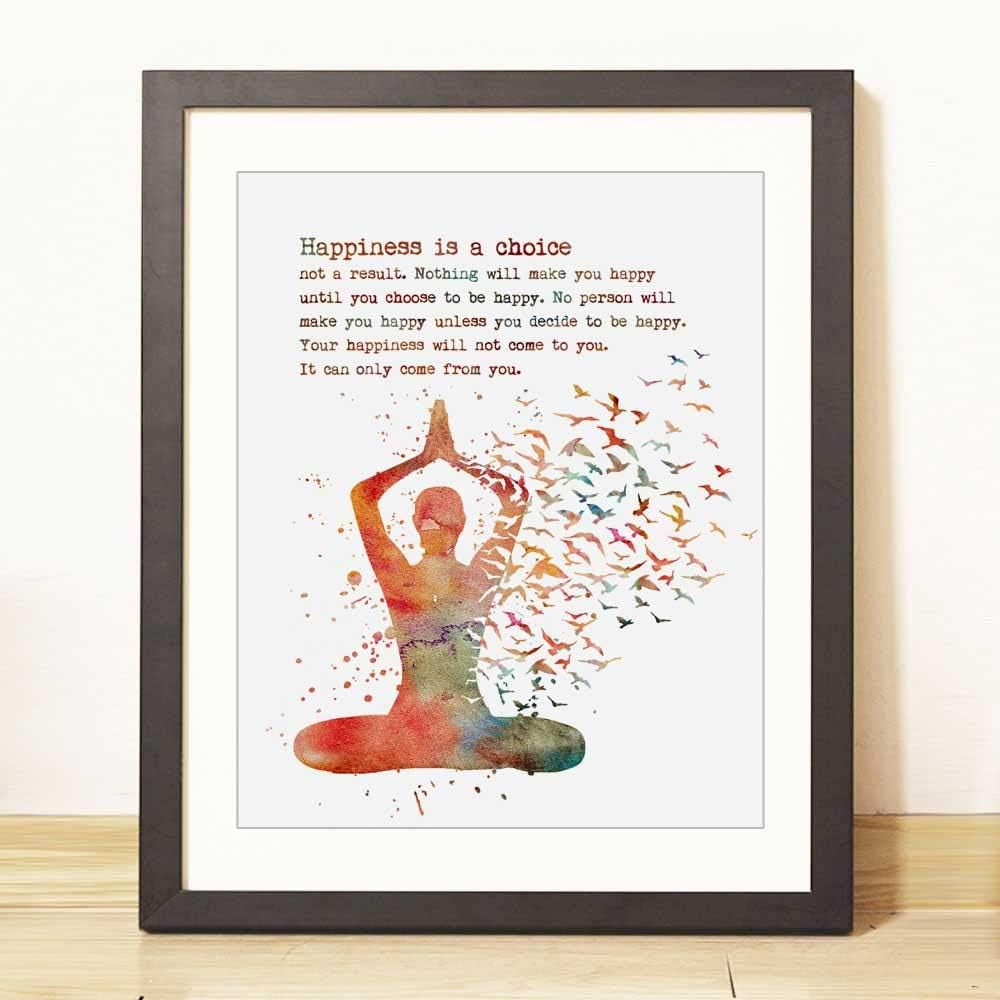 Yoga Art Happiness Is a Choice Motivational Quote Yoga Studio Wall Art Watercolor Print Yoga Woman Yogi Gift UNFRAMED 8X10Inch