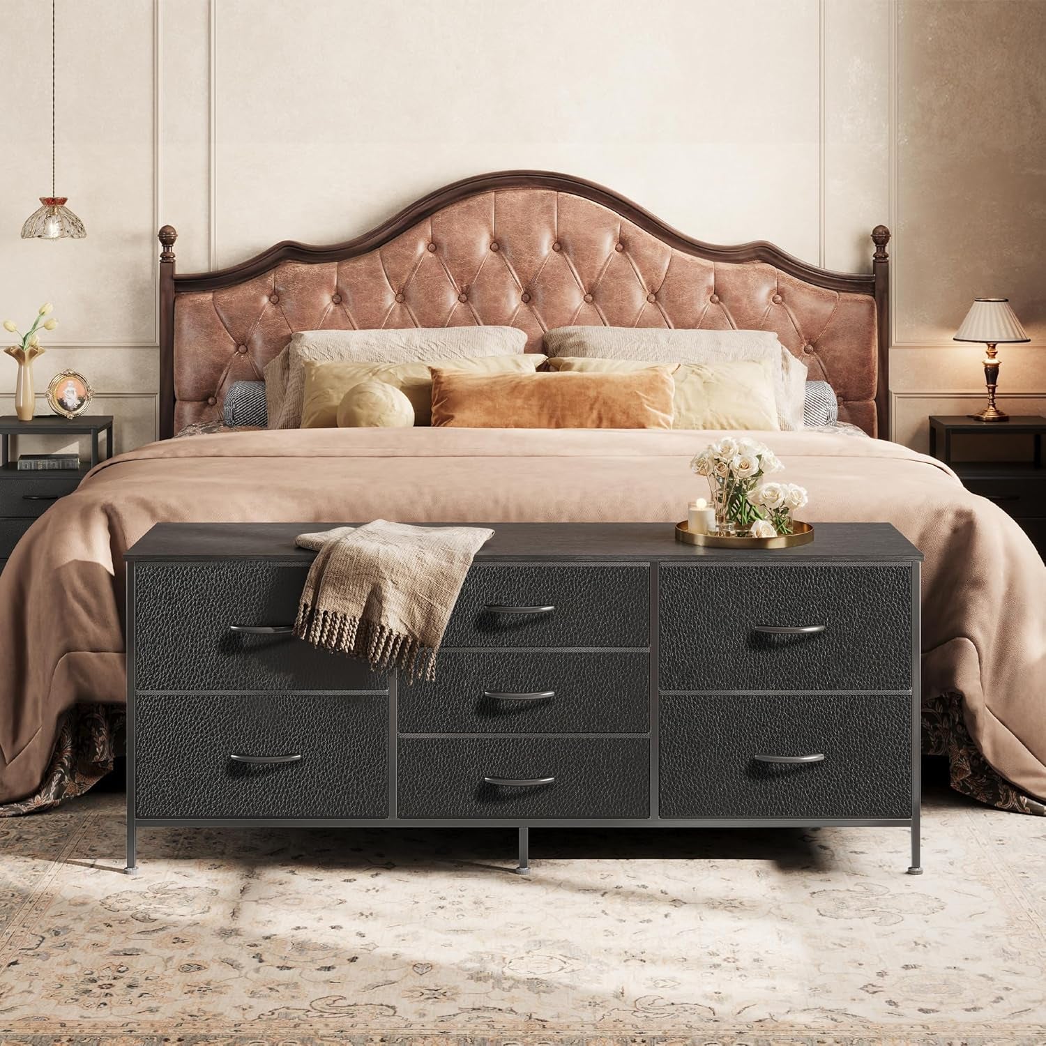 Bedroom Dresser and TV Stand Combo, 55-Inch Unit for 43-60 Inch TVs, Long Fabric Storage Solution with 7 Drawers, Black